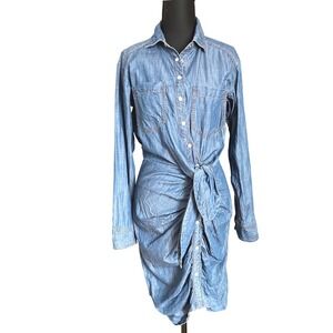 VERONICA BEARD JEANS Denim Shirt Dress Ruched Tie Waist Long Sleeve Blue Size 4